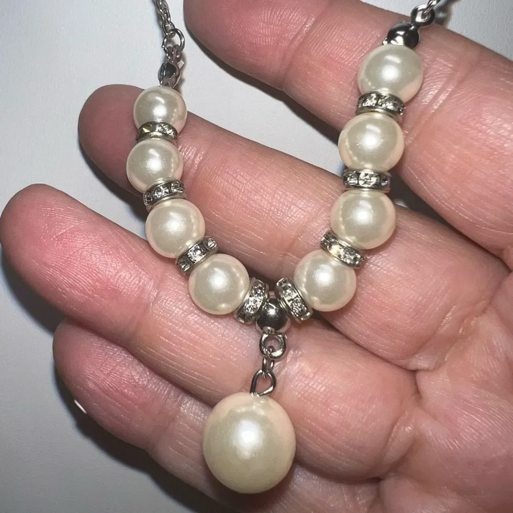 Silver Tone and Faux Pearl and Crystal Drop Necklace